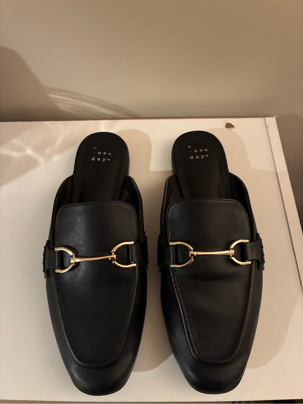 a new day Black Faux Leather Backless Mules with Gold Bit